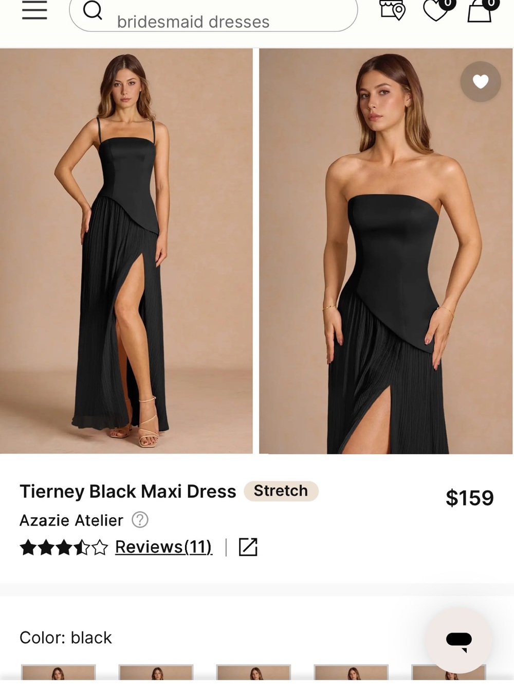 Azazie Black Strapless Maxi Dress with Side Slit